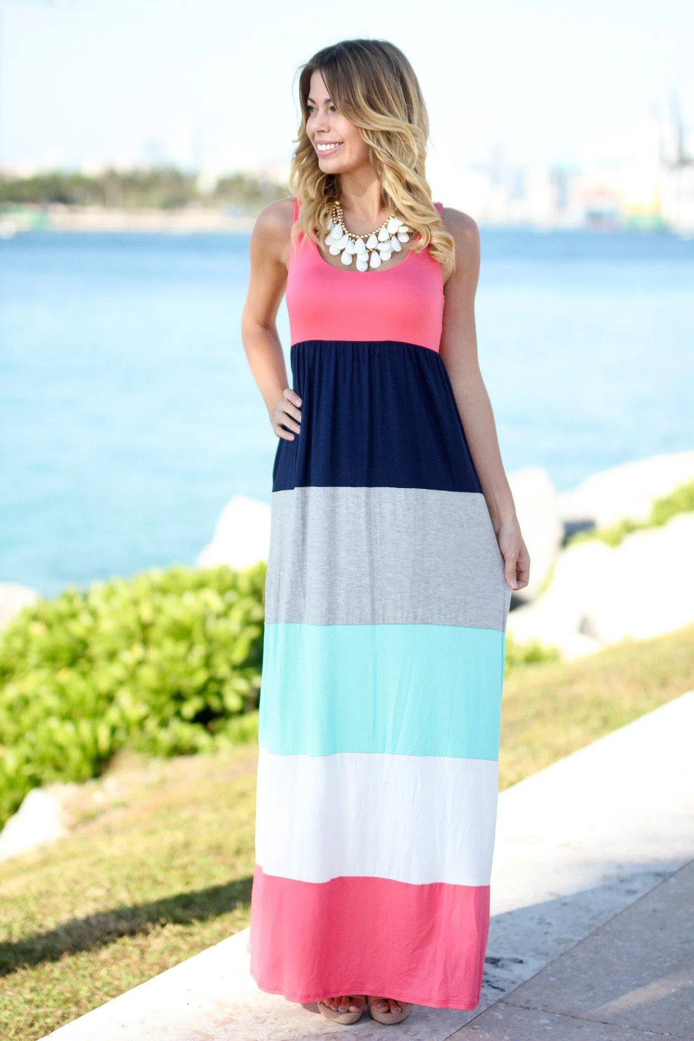 Coral Color Block Maxi Dress