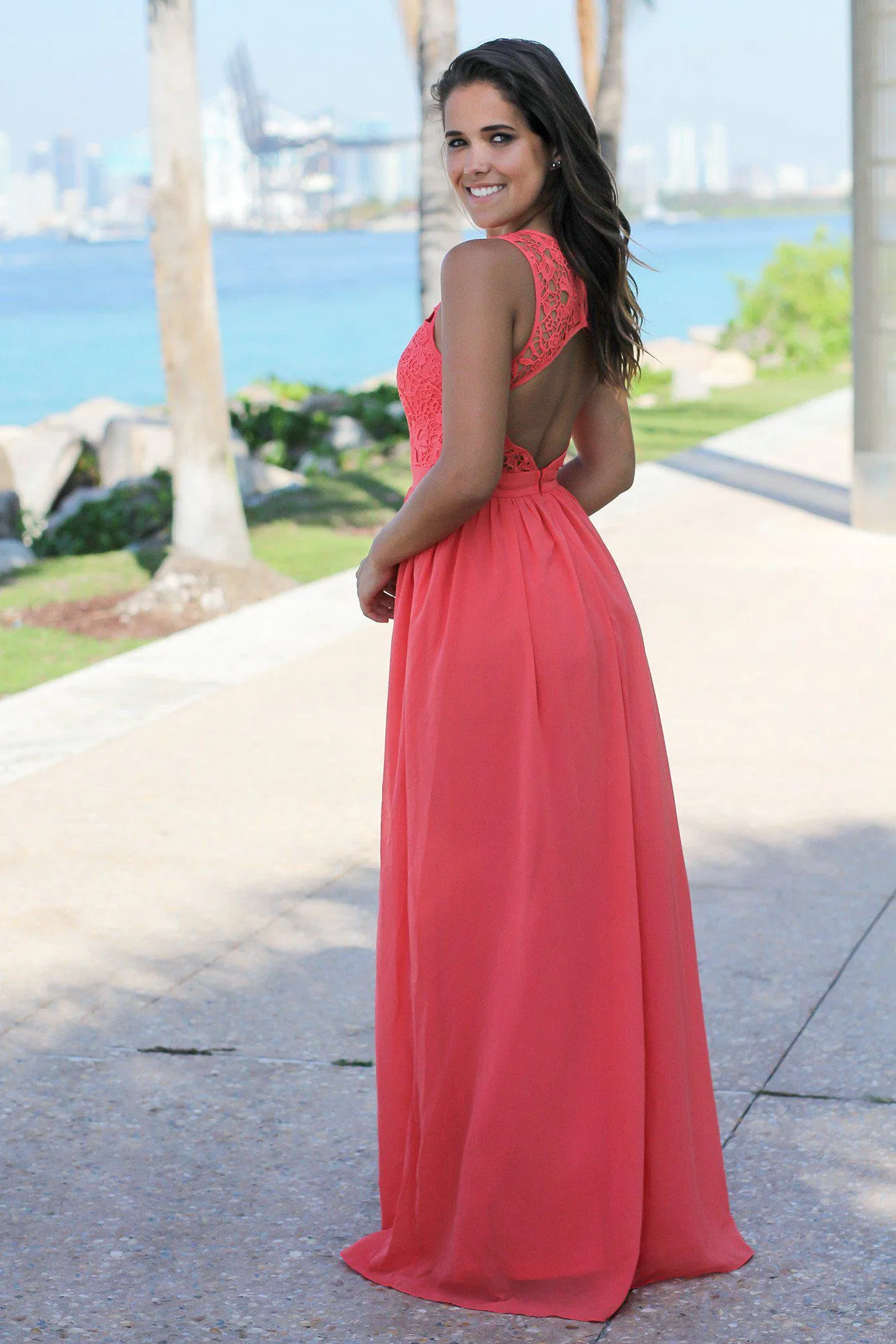 Coral Crochet Maxi Dress with Open Back