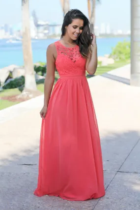 Coral Crochet Maxi Dress with Open Back