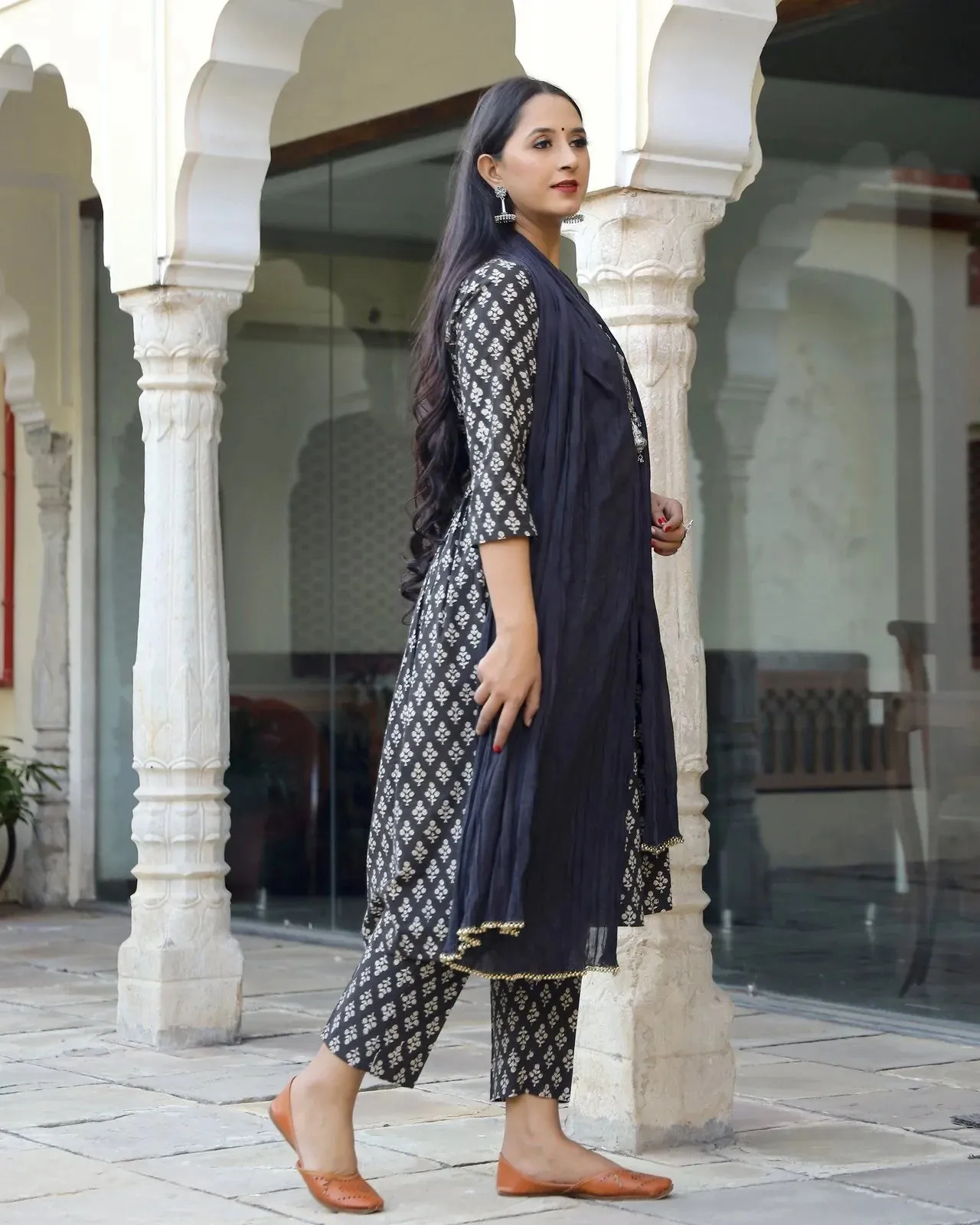 Cotton Black Dabu Print Kurta Pant Set with Mul mul Dupatta