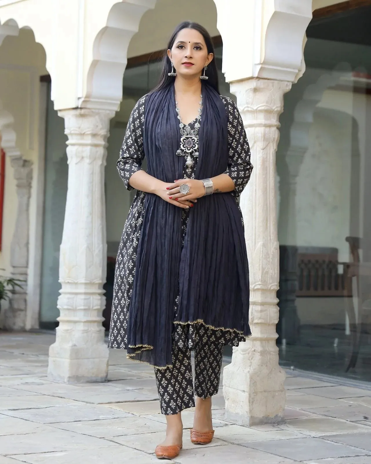 Cotton Black Dabu Print Kurta Pant Set with Mul mul Dupatta