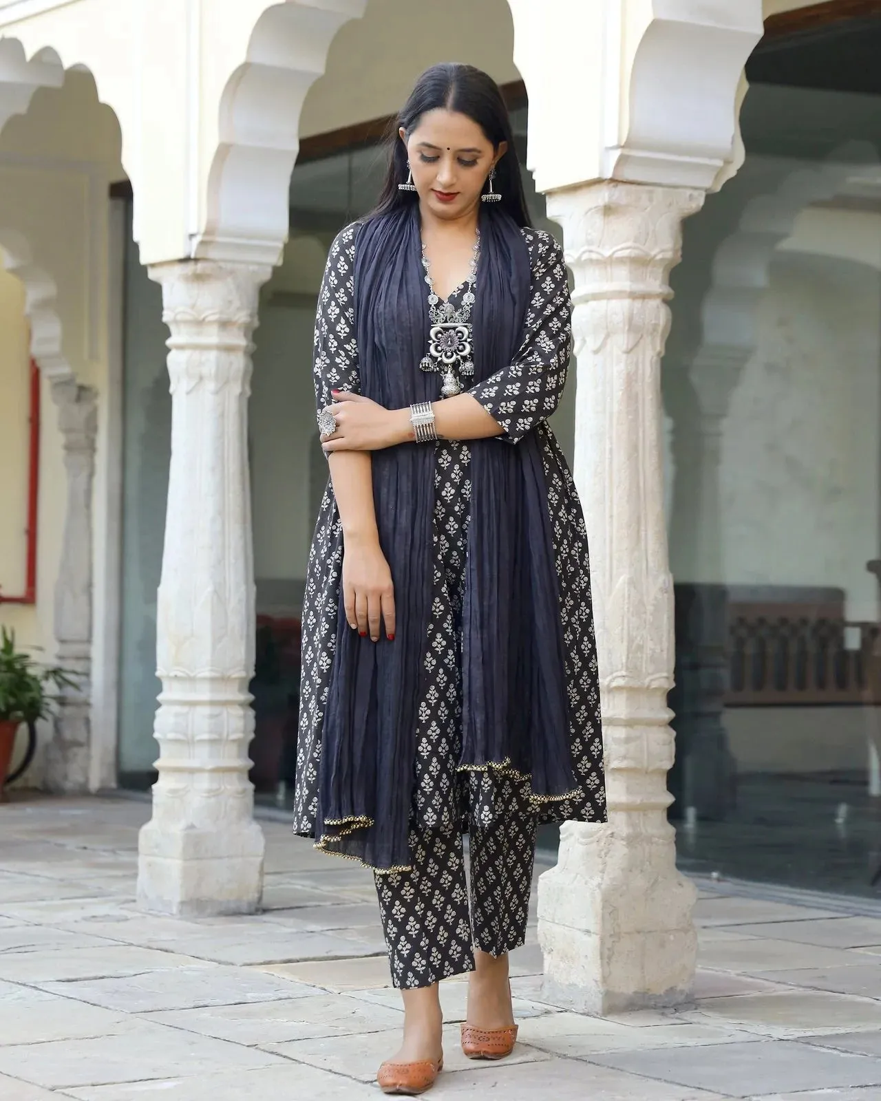 Cotton Black Dabu Print Kurta Pant Set with Mul mul Dupatta