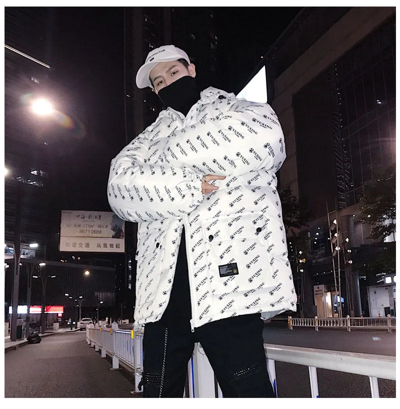 Cotton Padded Outerwear with Letter Printing Men Hooded Jacket