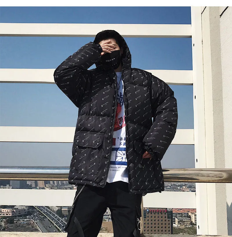 Cotton Padded Outerwear with Letter Printing Men Hooded Jacket