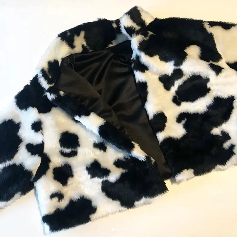 Cow Print Faux Furry Cropped Coat