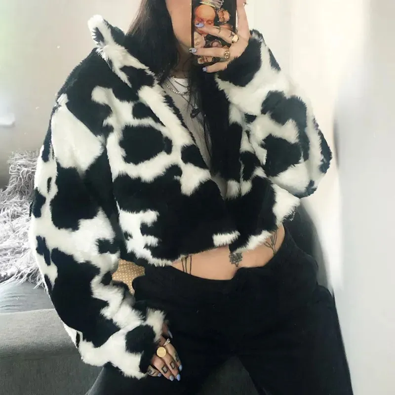 Cow Print Faux Furry Cropped Coat