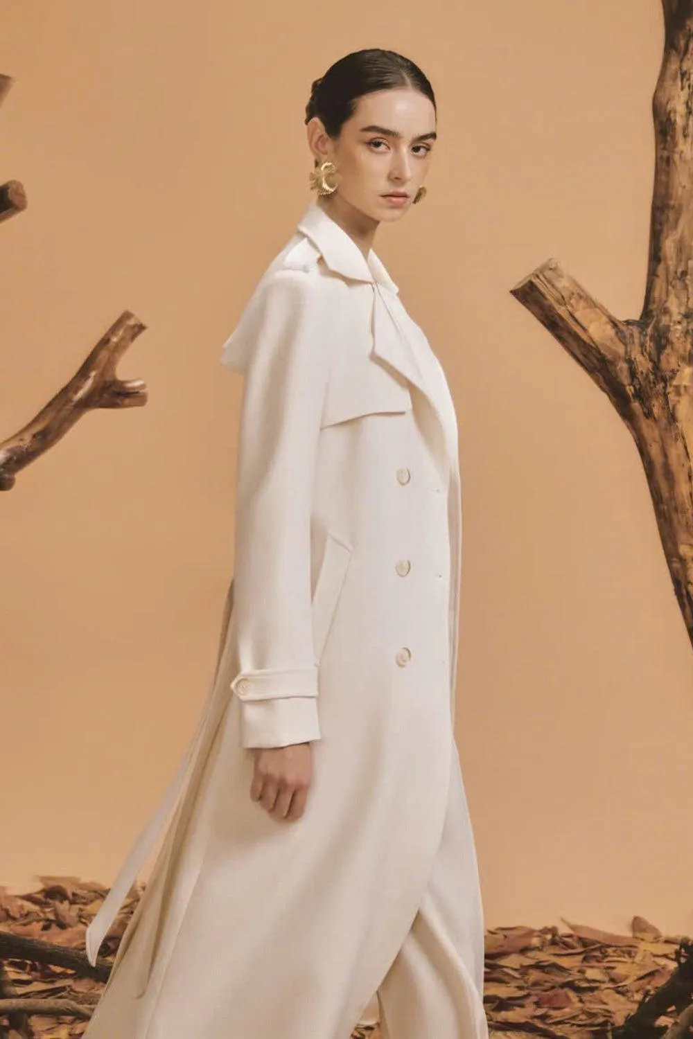 Cozy Straight Storm Flap Wool Blend Calf Length Trench Coat