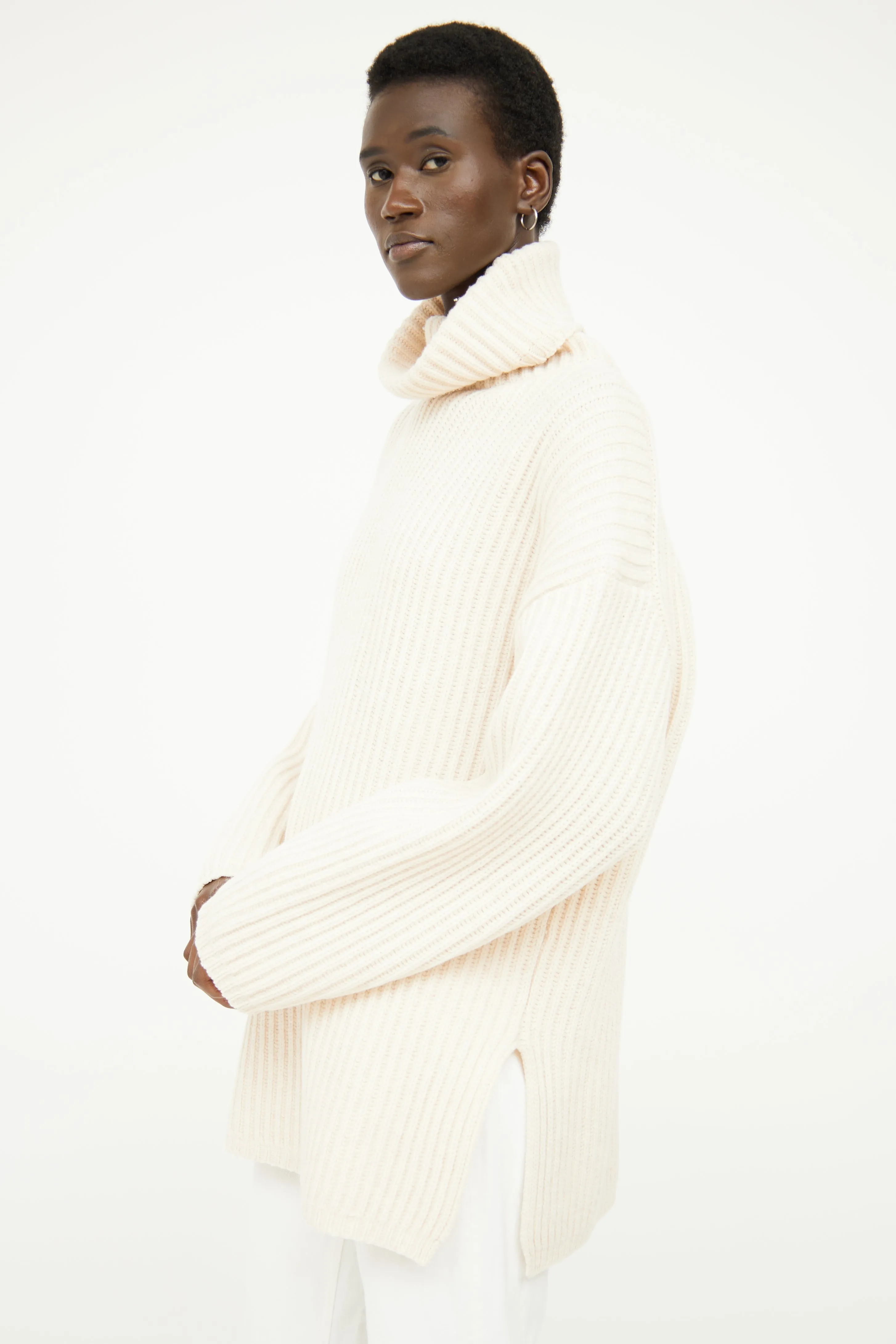 Cream Rib Turtleneck Sweater