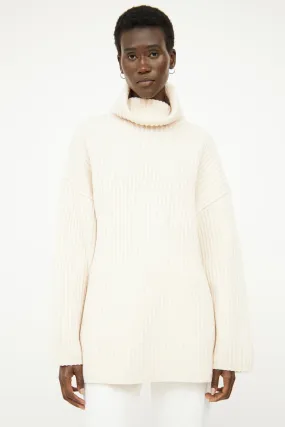 Cream Rib Turtleneck Sweater