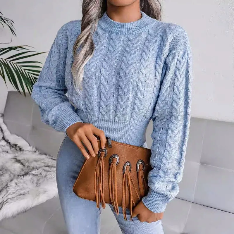 Crop Cable Knit Sweater Long Sleeve Pullover Women*