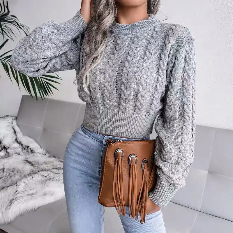 Crop Cable Knit Sweater Long Sleeve Pullover Women*