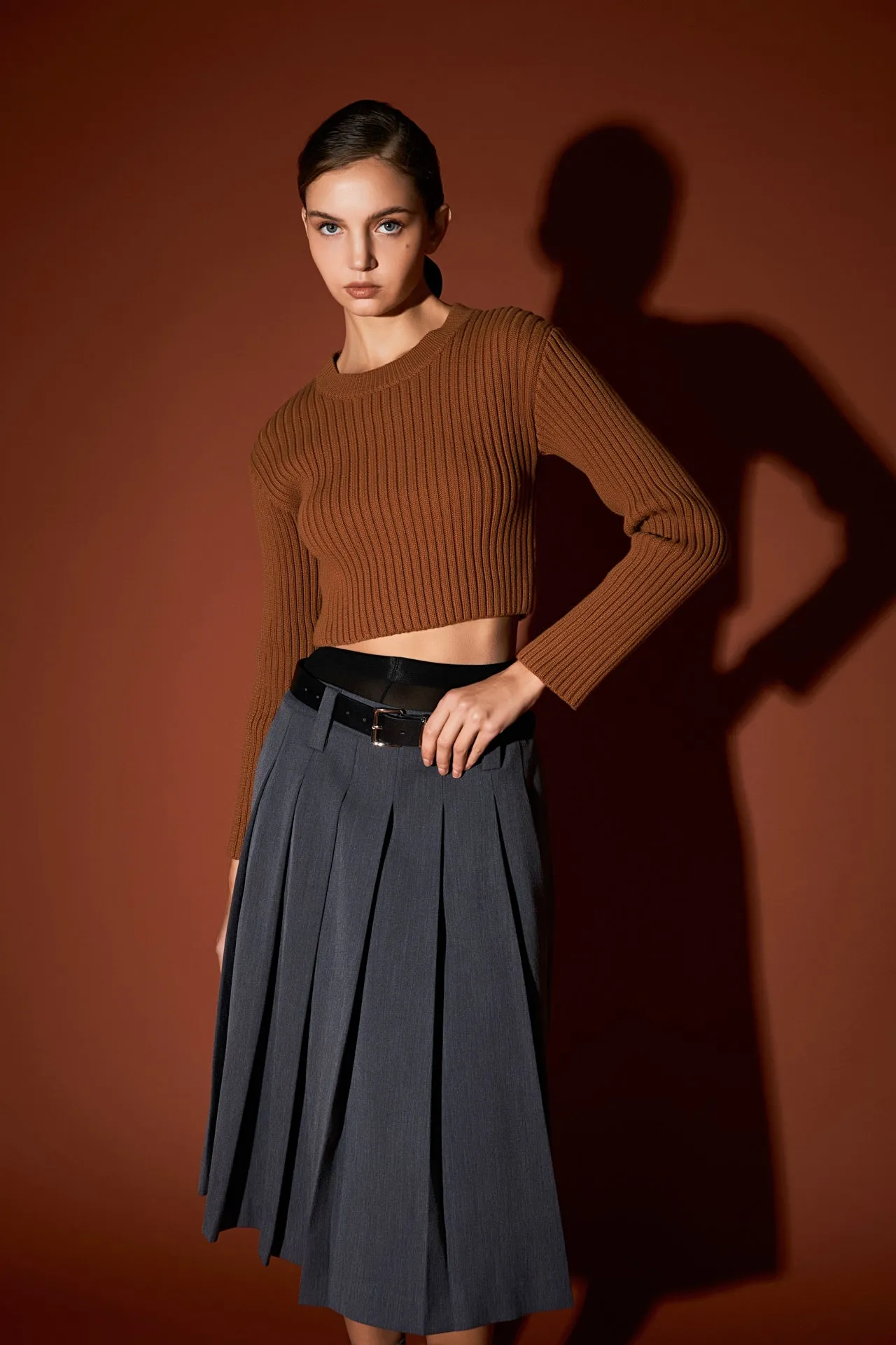 Cropped Ribbed Knit Sweater