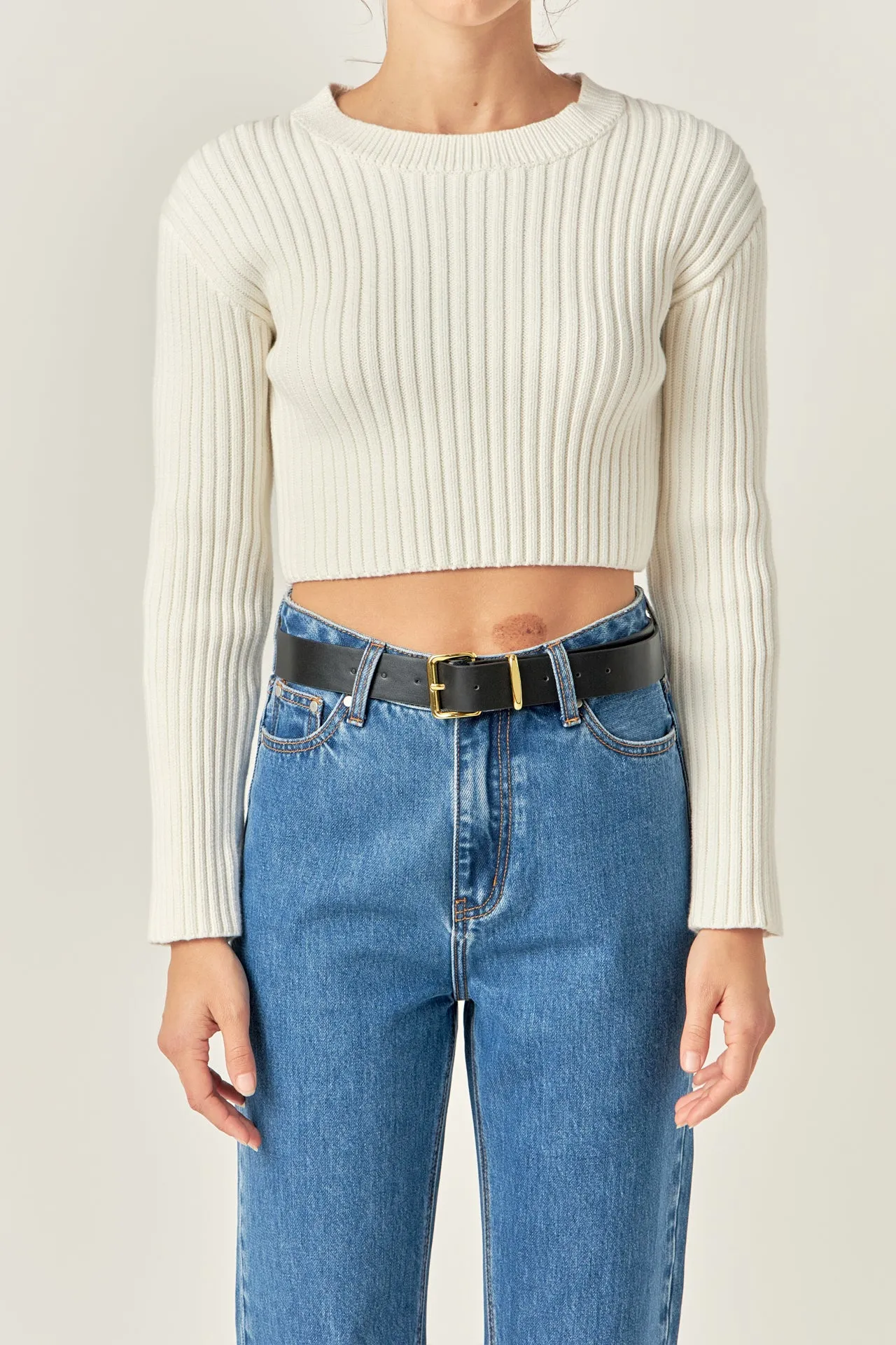 Cropped Ribbed Knit Sweater