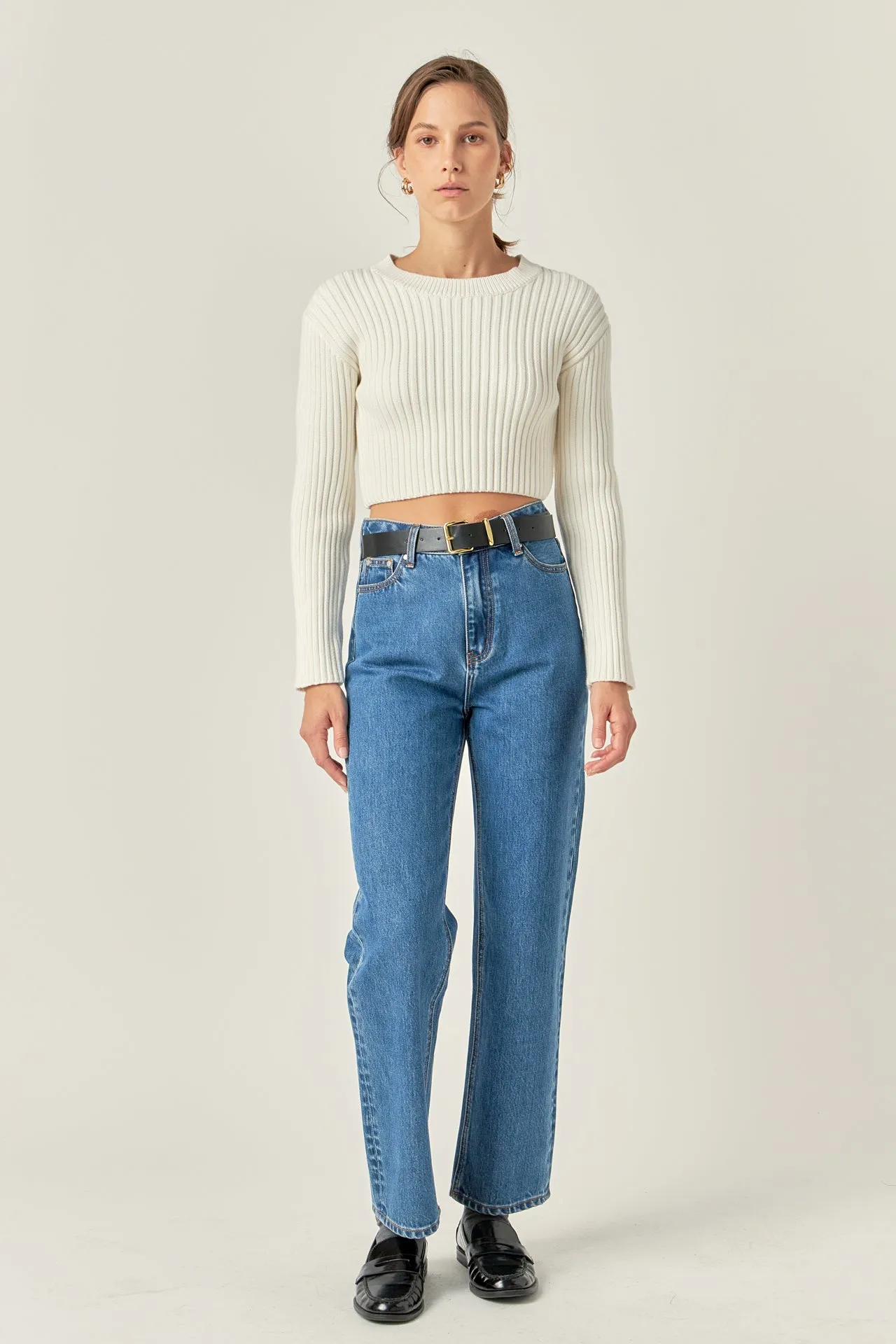 Cropped Ribbed Knit Sweater