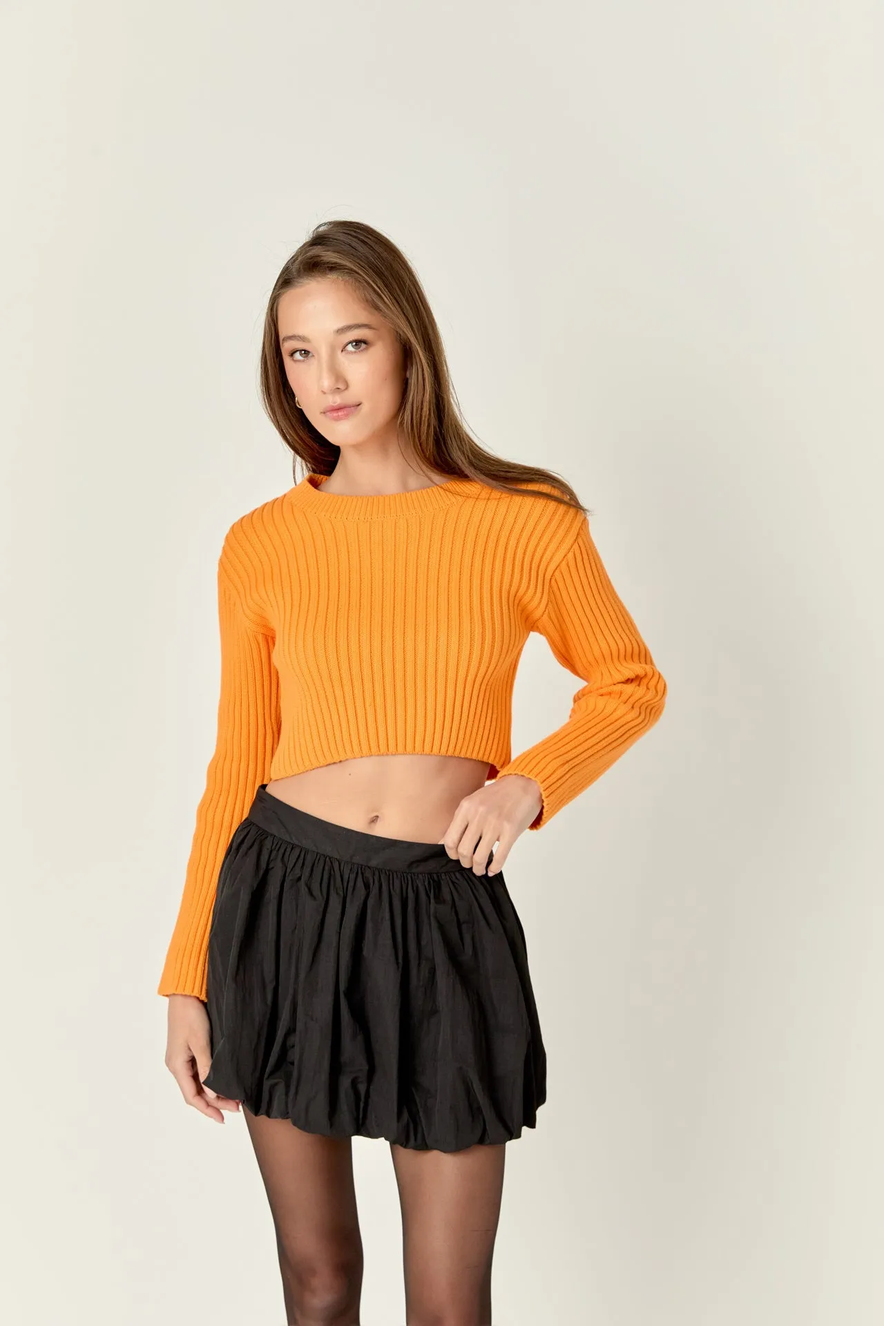 Cropped Ribbed Knit Sweater