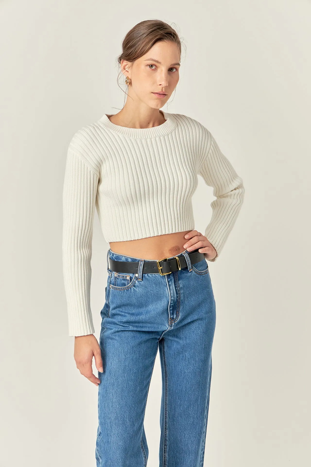 Cropped Ribbed Knit Sweater