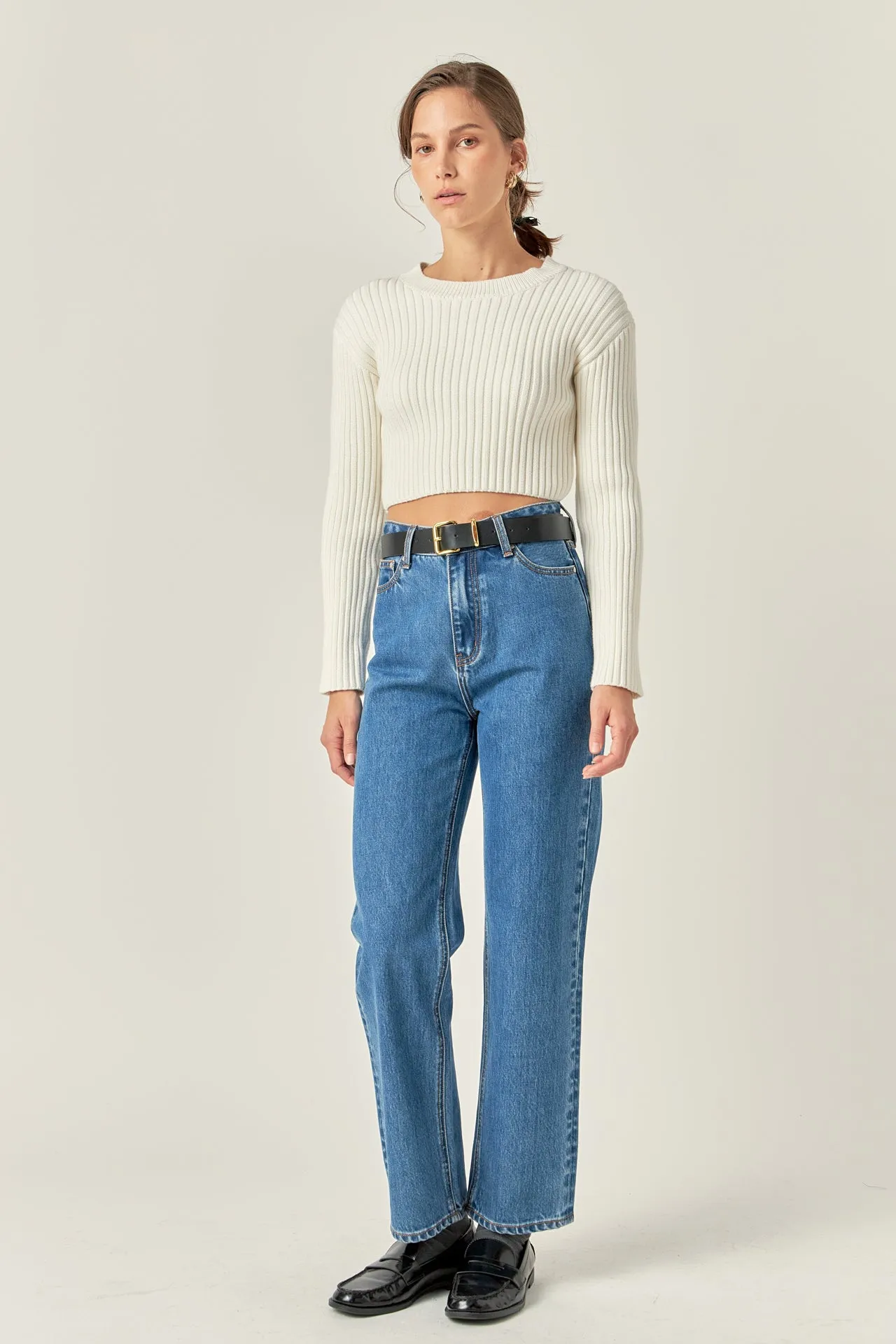 Cropped Ribbed Knit Sweater