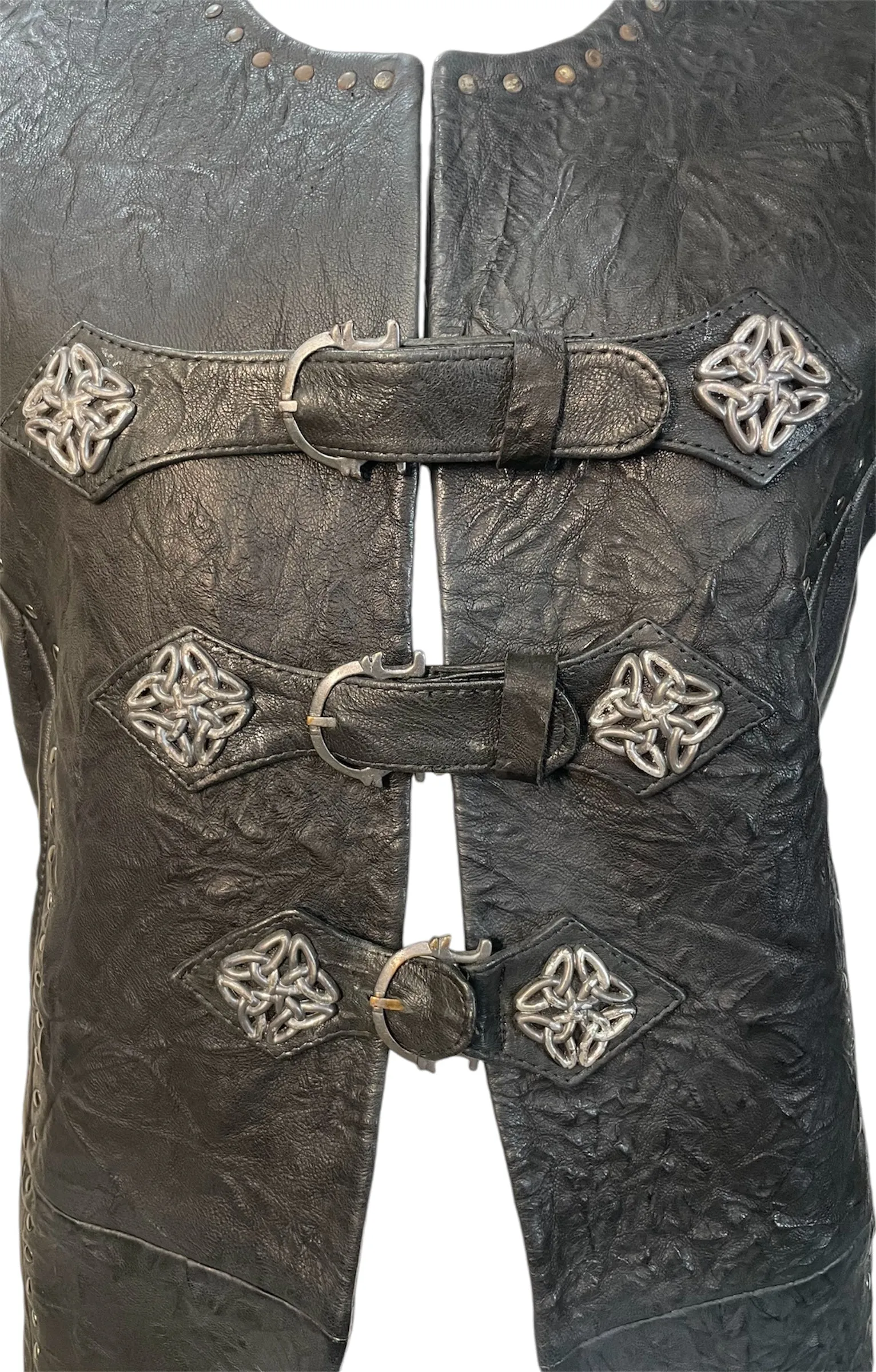 Custom Made Leather Vest Coat with Silver-Tone Celtic Shield Knot Buttons