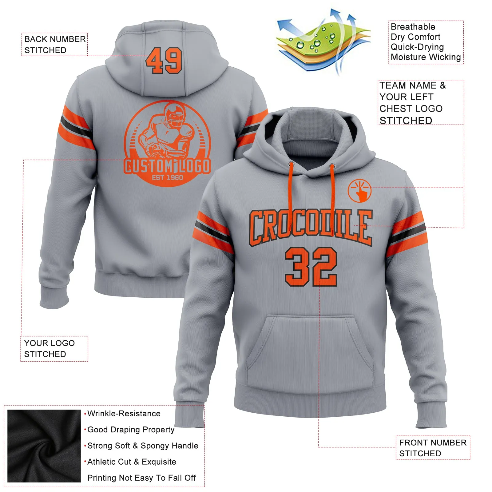 Custom Stitched Gray Orange-Black Football Pullover Sweatshirt Hoodie