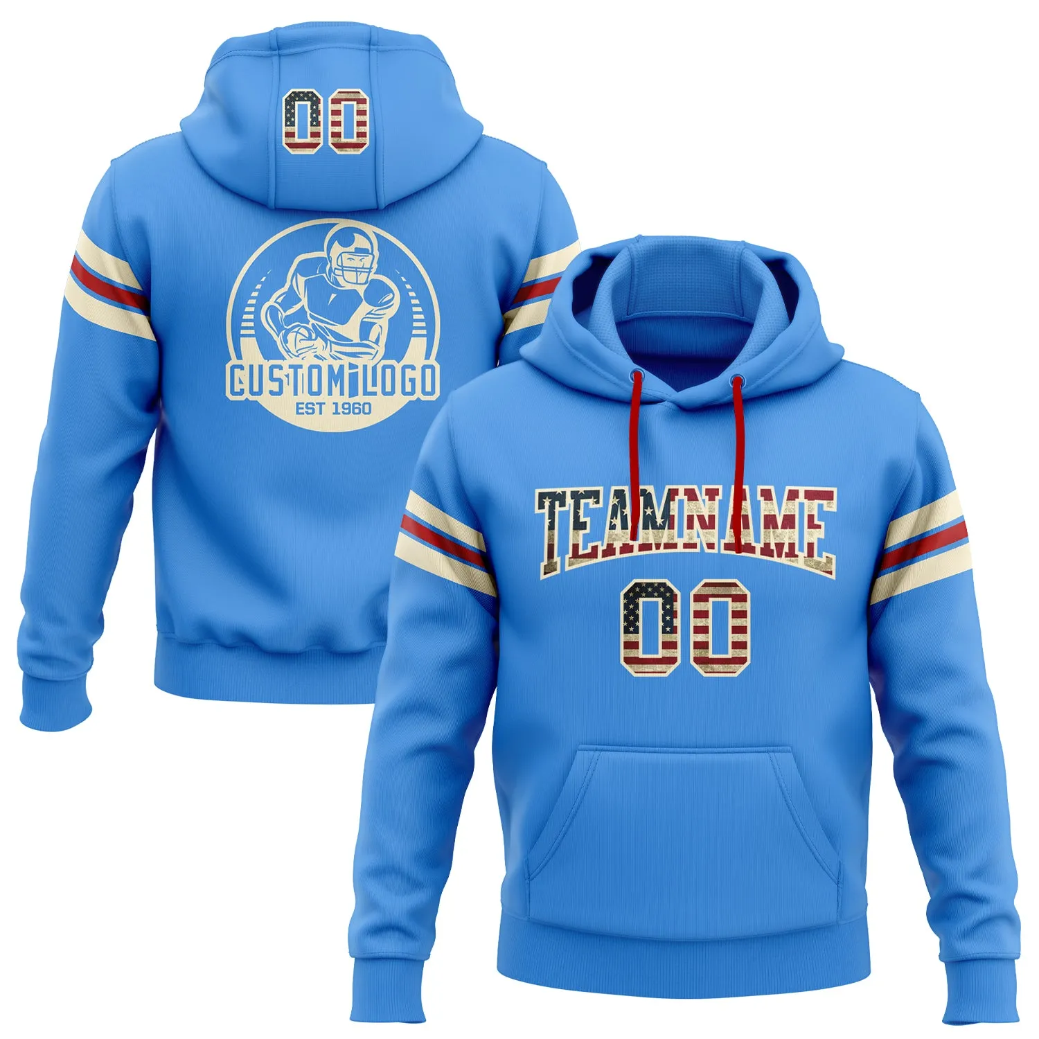 Custom Stitched Powder Blue Vintage USA Flag Cream-Red Football Pullover Sweatshirt Hoodie