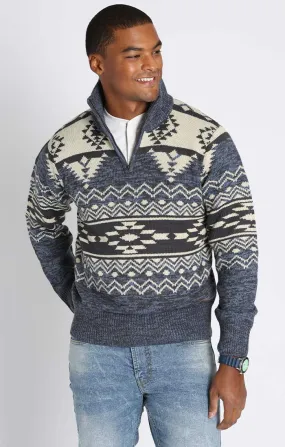 Dark Blue Fair Isle Quarter Zip Mockneck Pullover