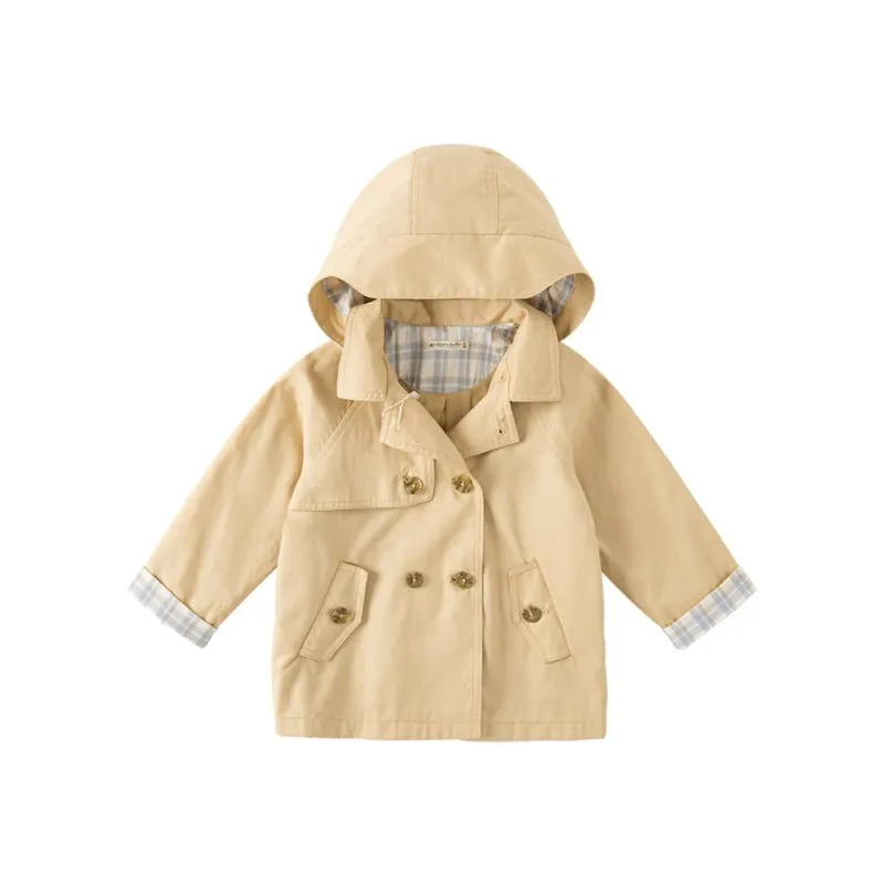 Darling Plaid Detail Boy Khaki Hooded Trench Coat