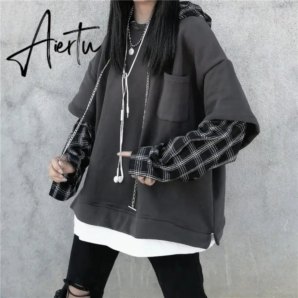 Deeptown Striped Sweatshirt for Women Black Gothic Style Hoodie Patchwork Grunge Long Sleeve Plaid Pullovers Korean Fashion