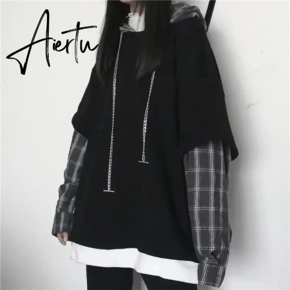 Deeptown Striped Sweatshirt for Women Black Gothic Style Hoodie Patchwork Grunge Long Sleeve Plaid Pullovers Korean Fashion