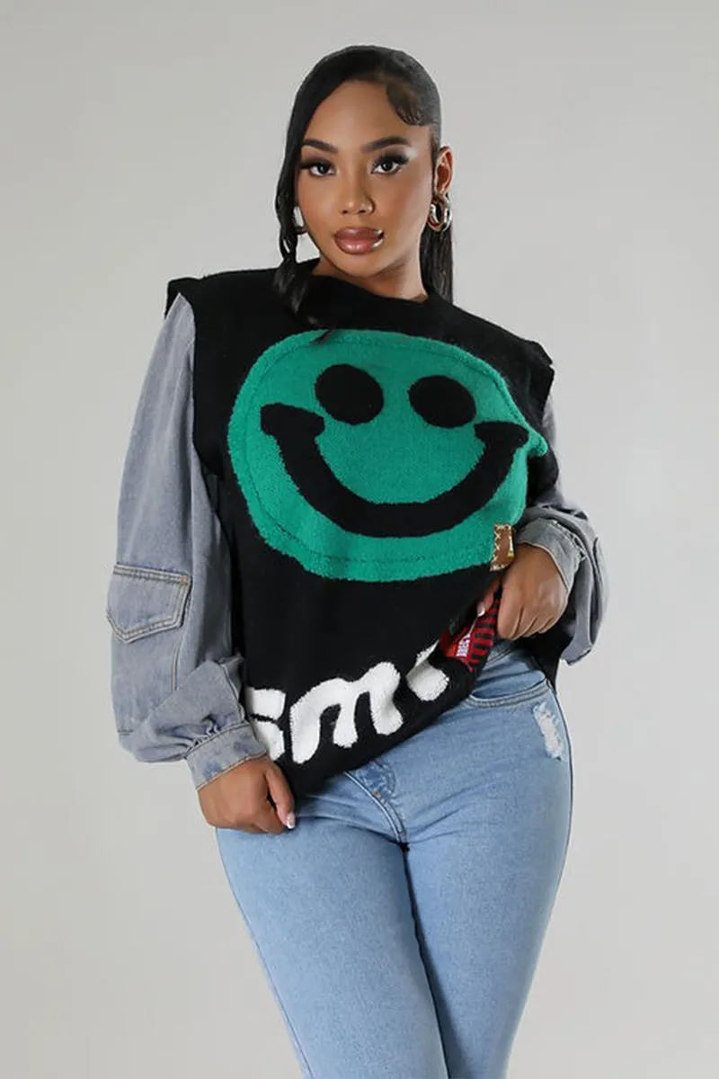 Denim Sleeve Patchwork Smile Face Knit Sweater