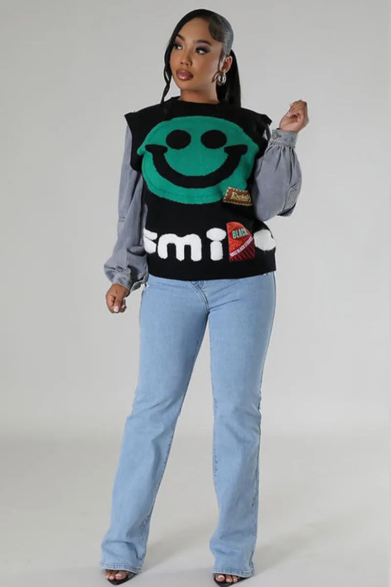 Denim Sleeve Patchwork Smile Face Knit Sweater