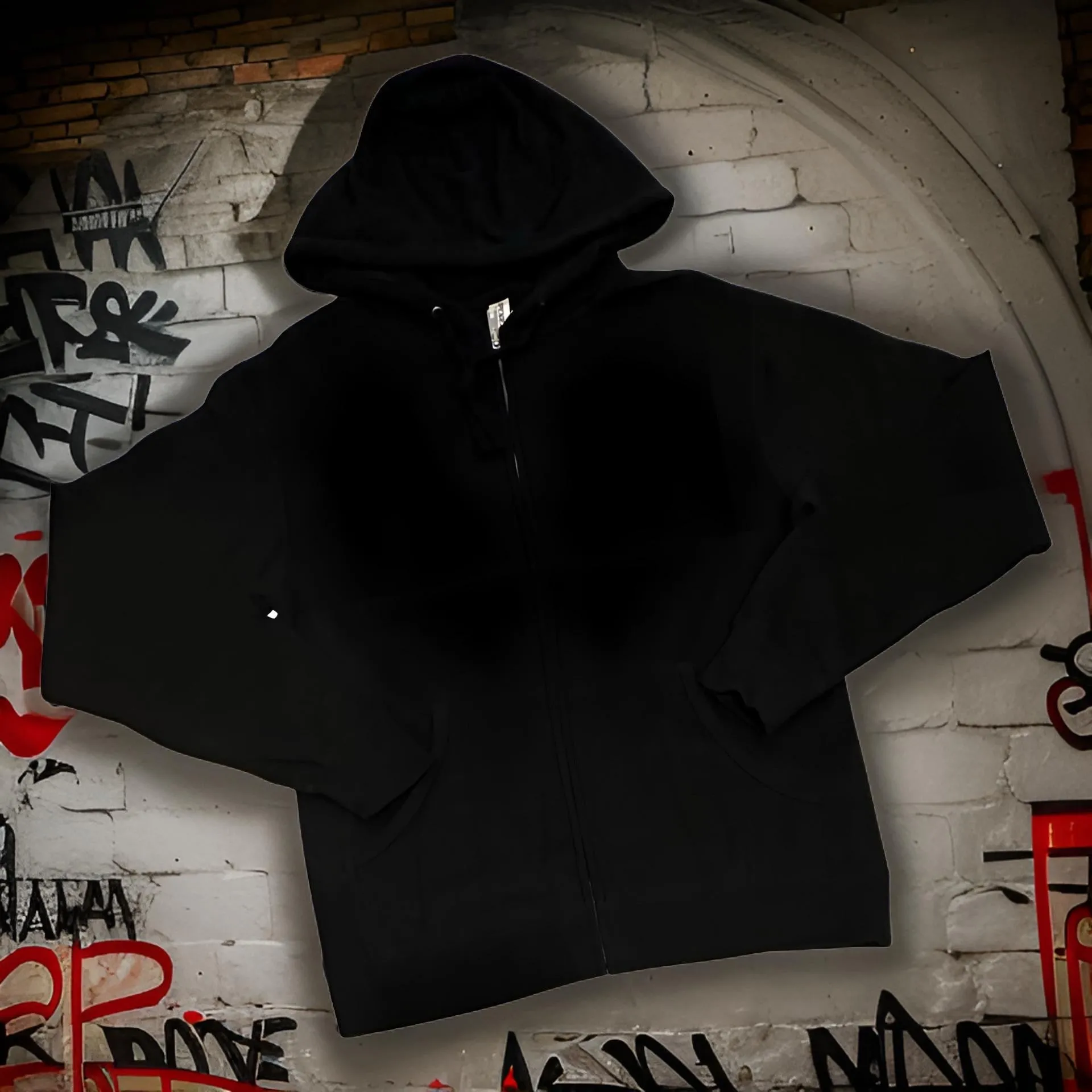 *DESIGN BY HUMANS* (BLACK) ZIP UP HOODIE (DISTRESSED LOGO STYLE)