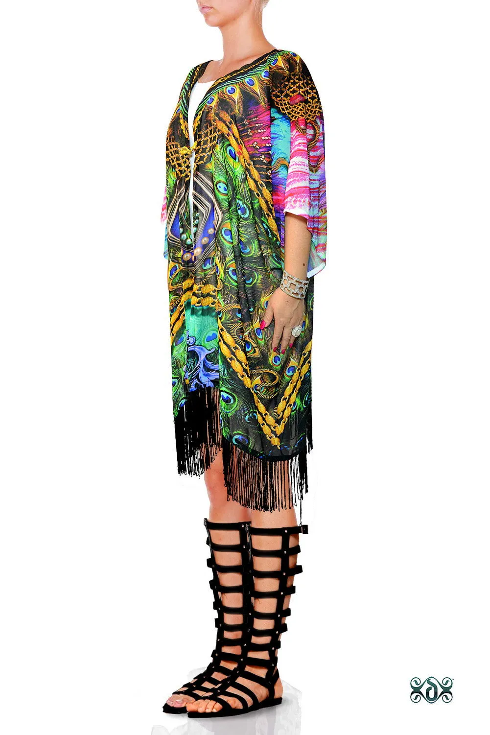 Devarshy NATURE MORTE Ornate Peacock Fringes Short Kimono Jacket - 1119A