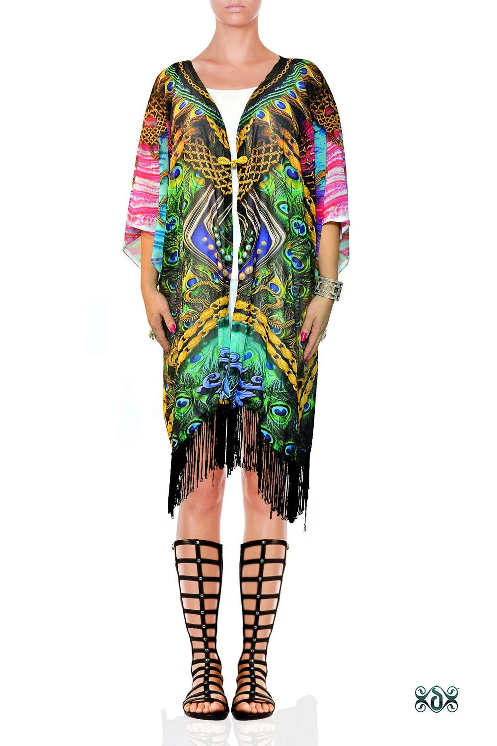 Devarshy NATURE MORTE Ornate Peacock Fringes Short Kimono Jacket - 1119A