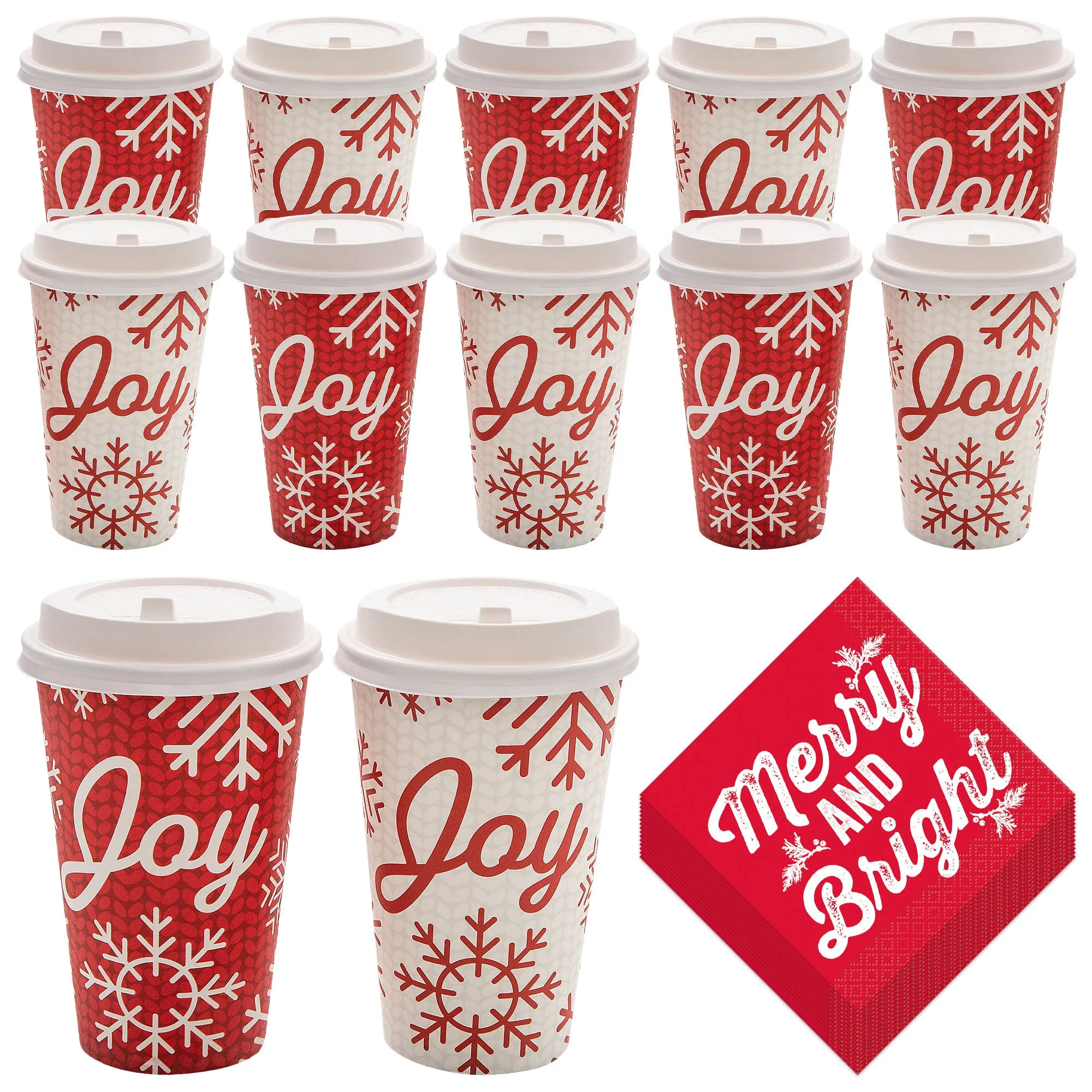 Disposable Coffee or Hot Chocolate Cups and Lids in Holiday Sweater Design with Merry and Bright Beverage Napkins (12-ct)