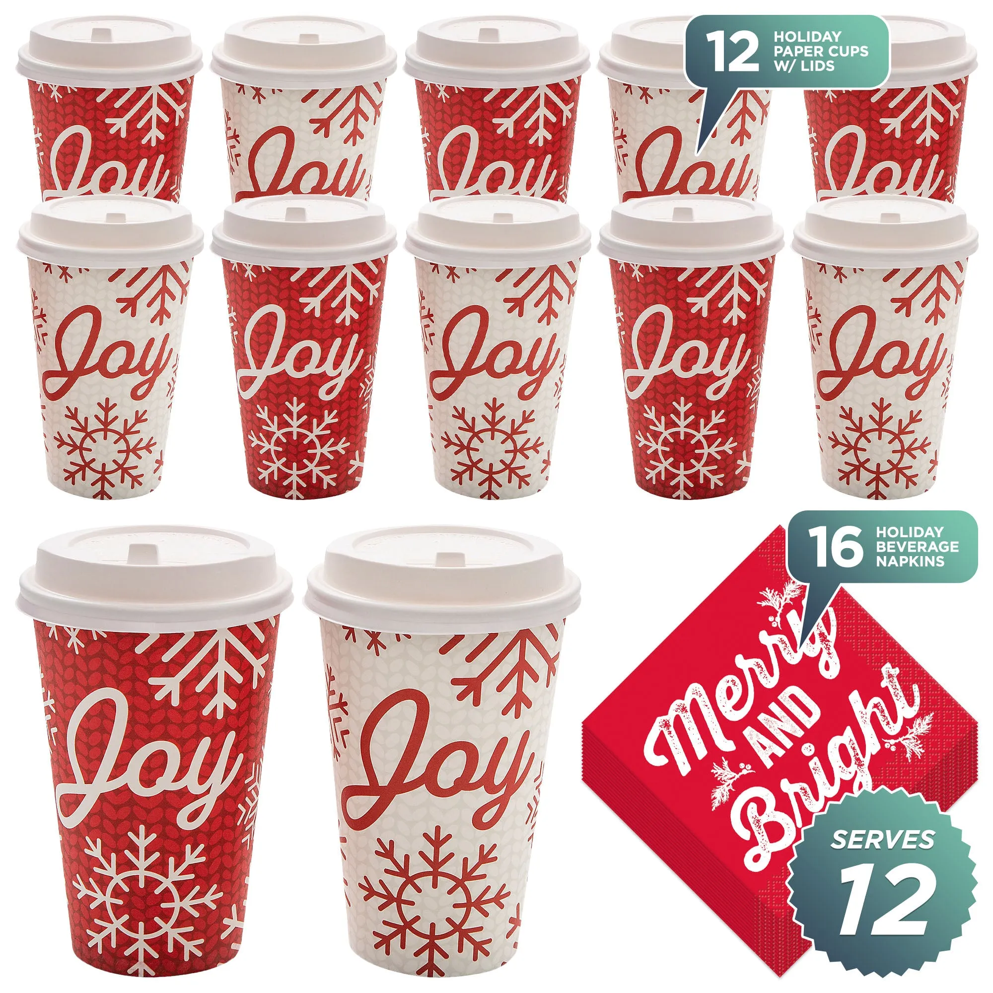 Disposable Coffee or Hot Chocolate Cups and Lids in Holiday Sweater Design with Merry and Bright Beverage Napkins (12-ct)