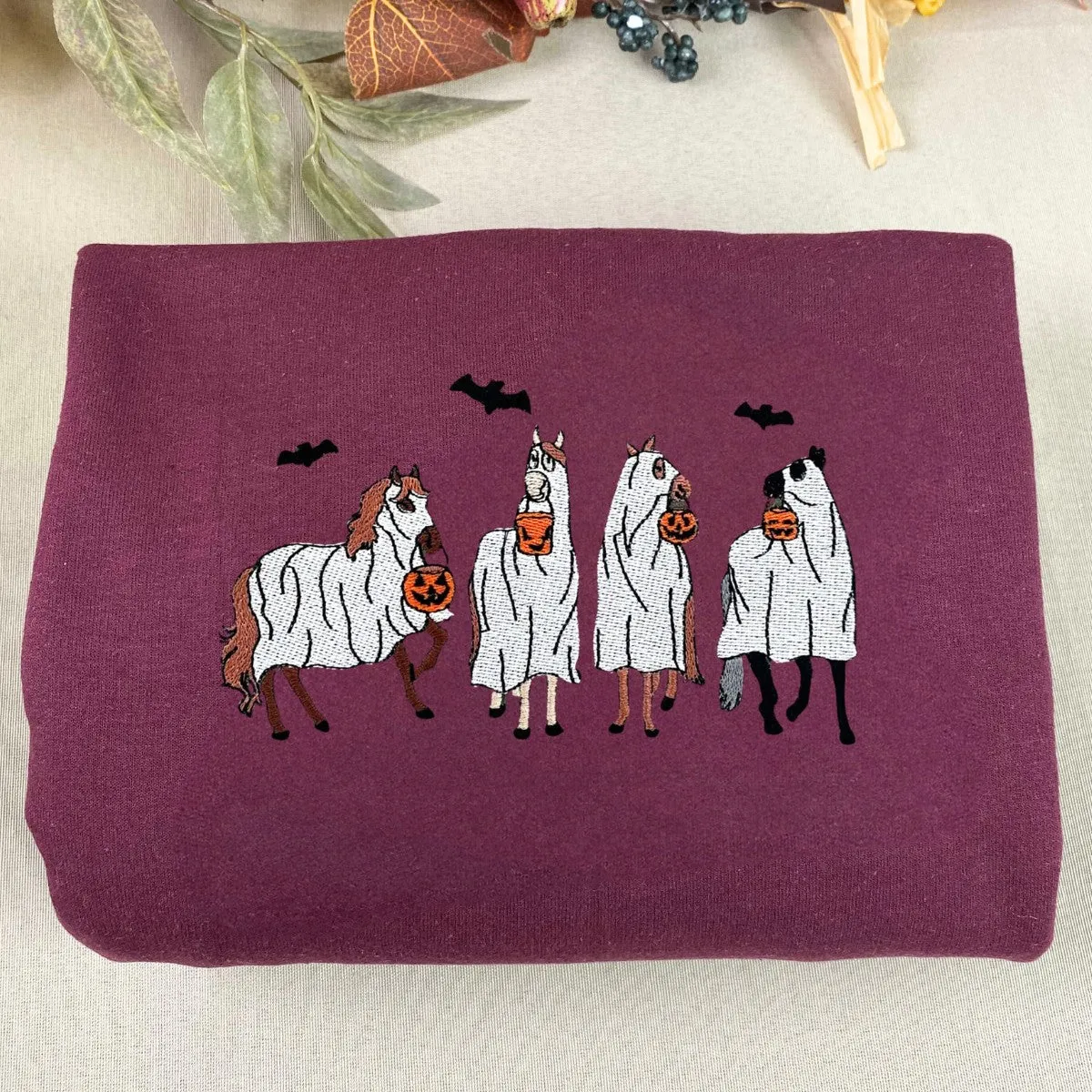 Embroidered Horse Ghost Halloween Sweatshirt or Hoodie, Gift for Horse Lovers