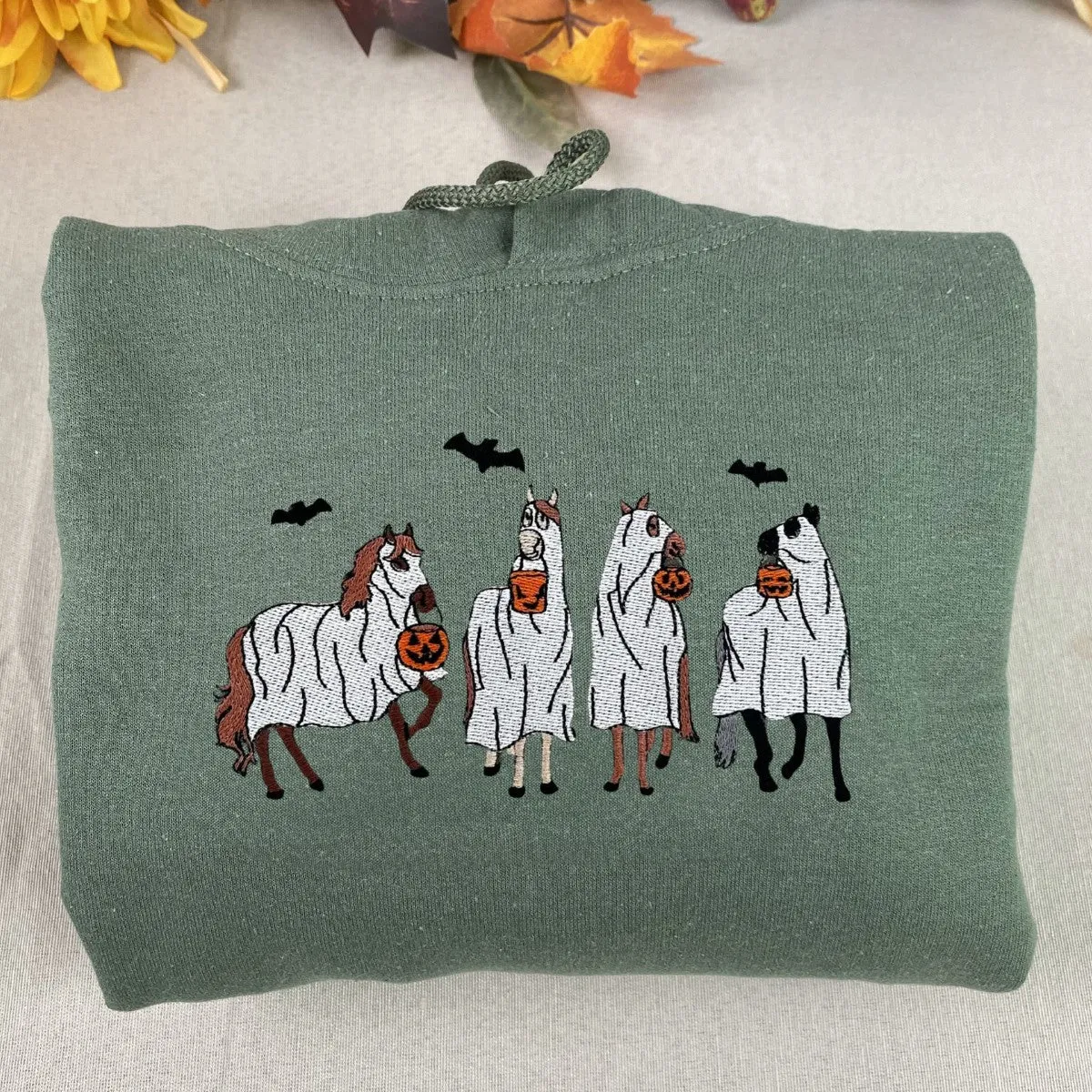 Embroidered Horse Ghost Halloween Sweatshirt or Hoodie, Gift for Horse Lovers