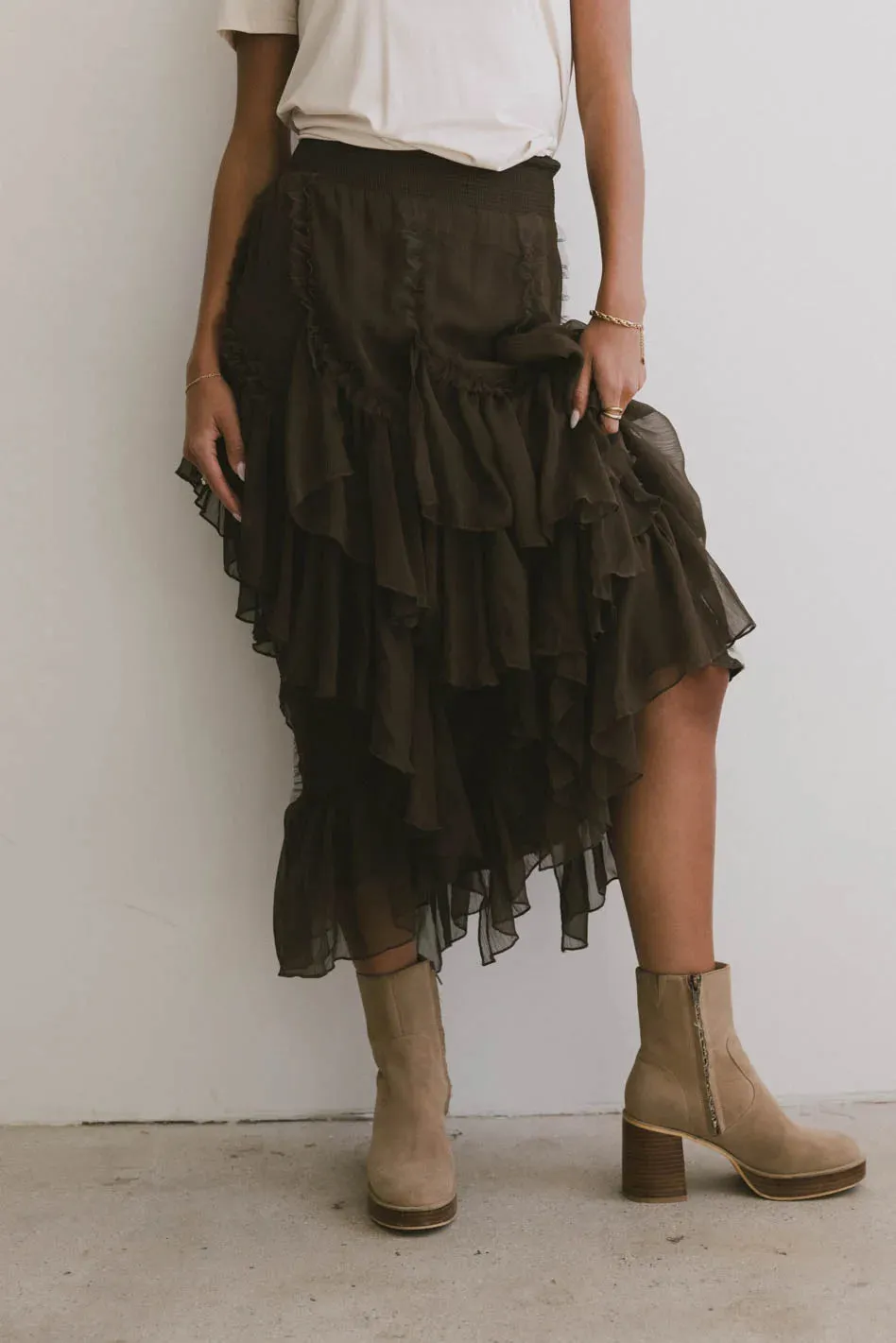 Emerson Ruffled Maxi Skirt in Brown