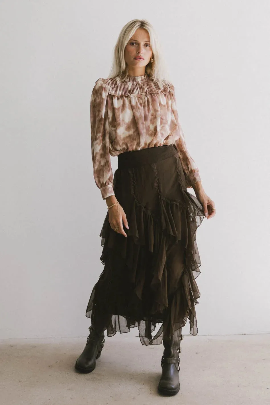 Emerson Ruffled Maxi Skirt in Brown