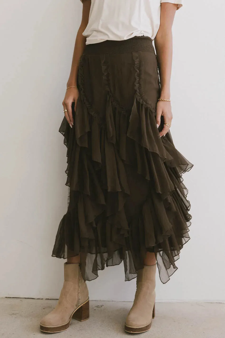 Emerson Ruffled Maxi Skirt in Brown