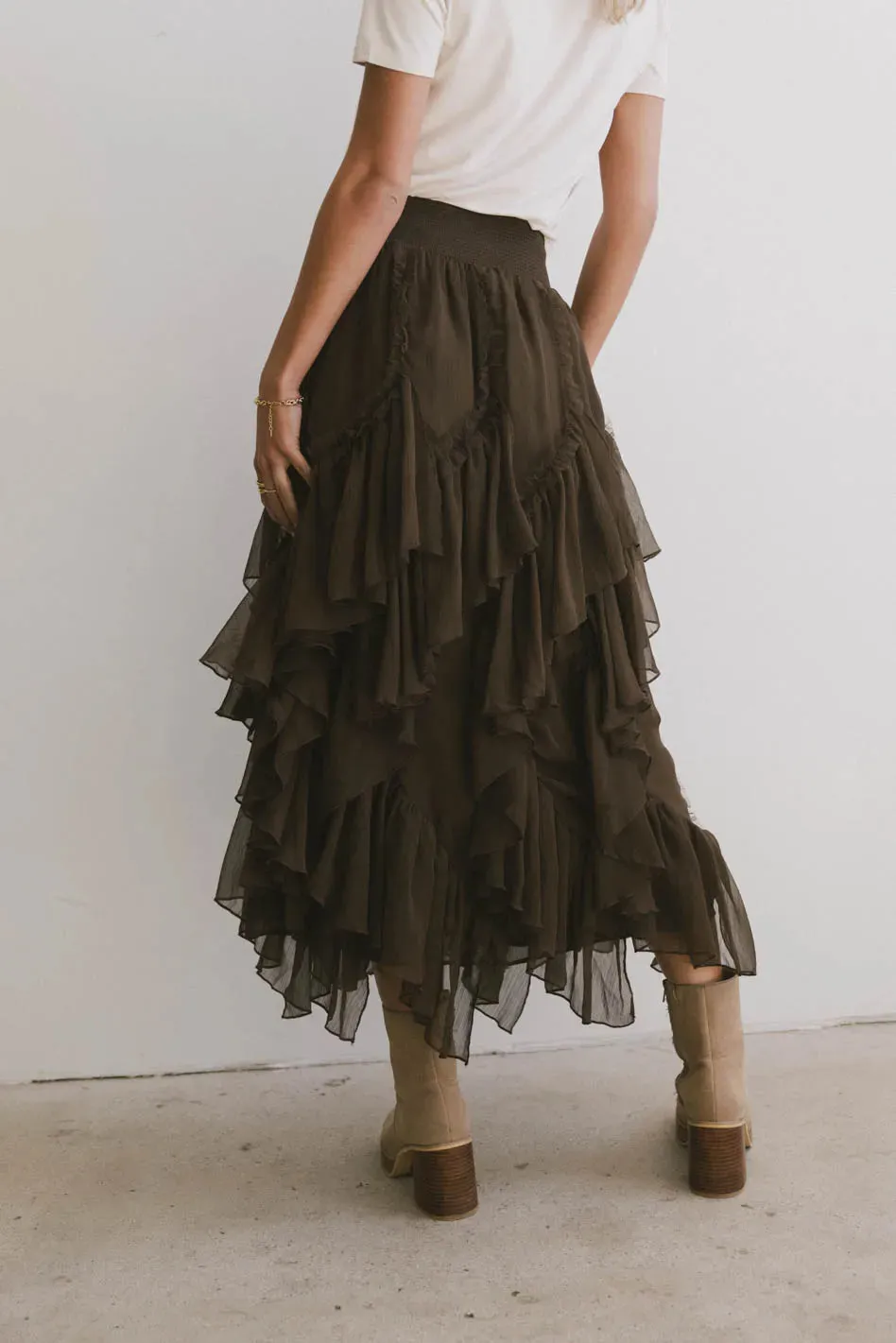 Emerson Ruffled Maxi Skirt in Brown