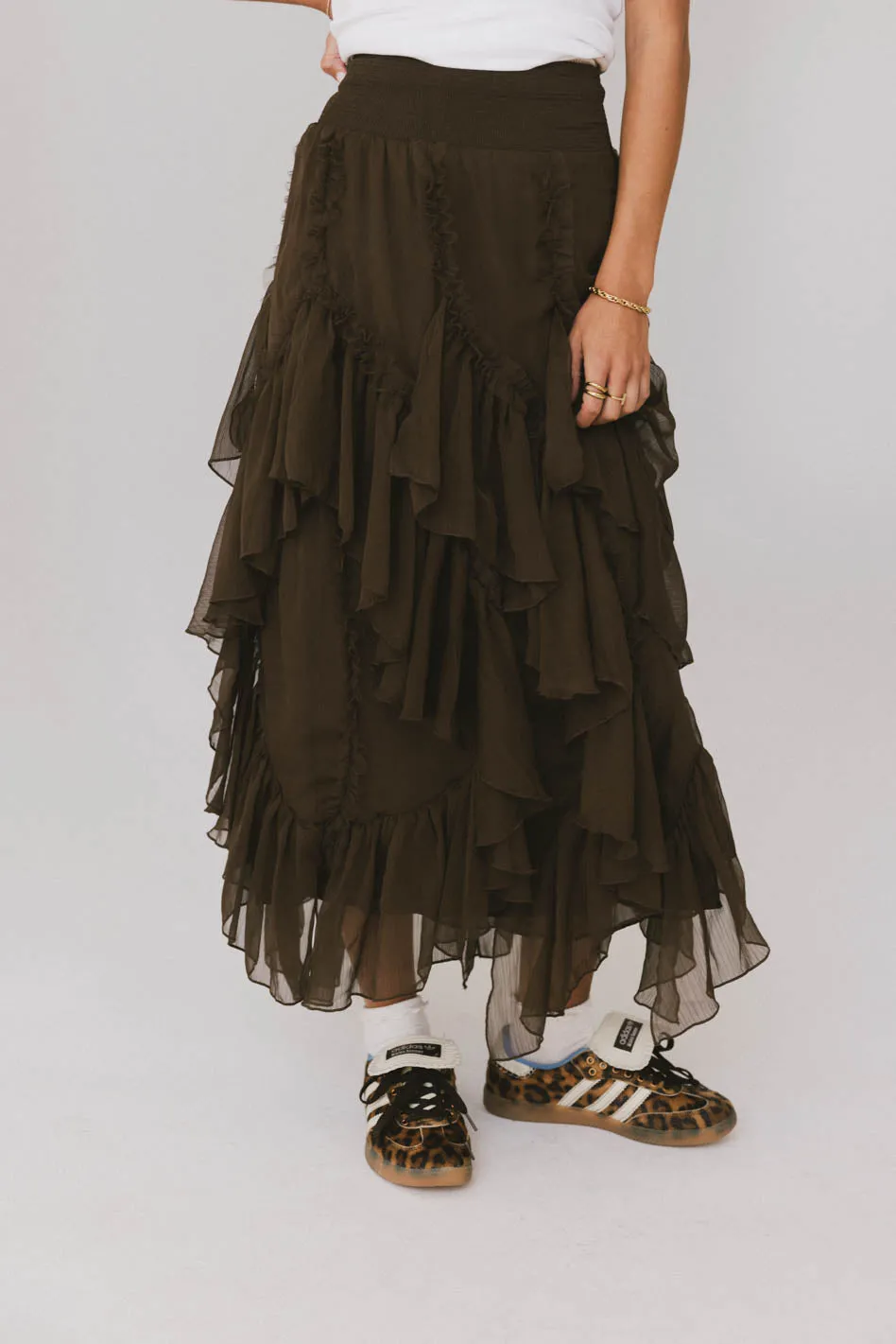 Emerson Ruffled Maxi Skirt in Brown