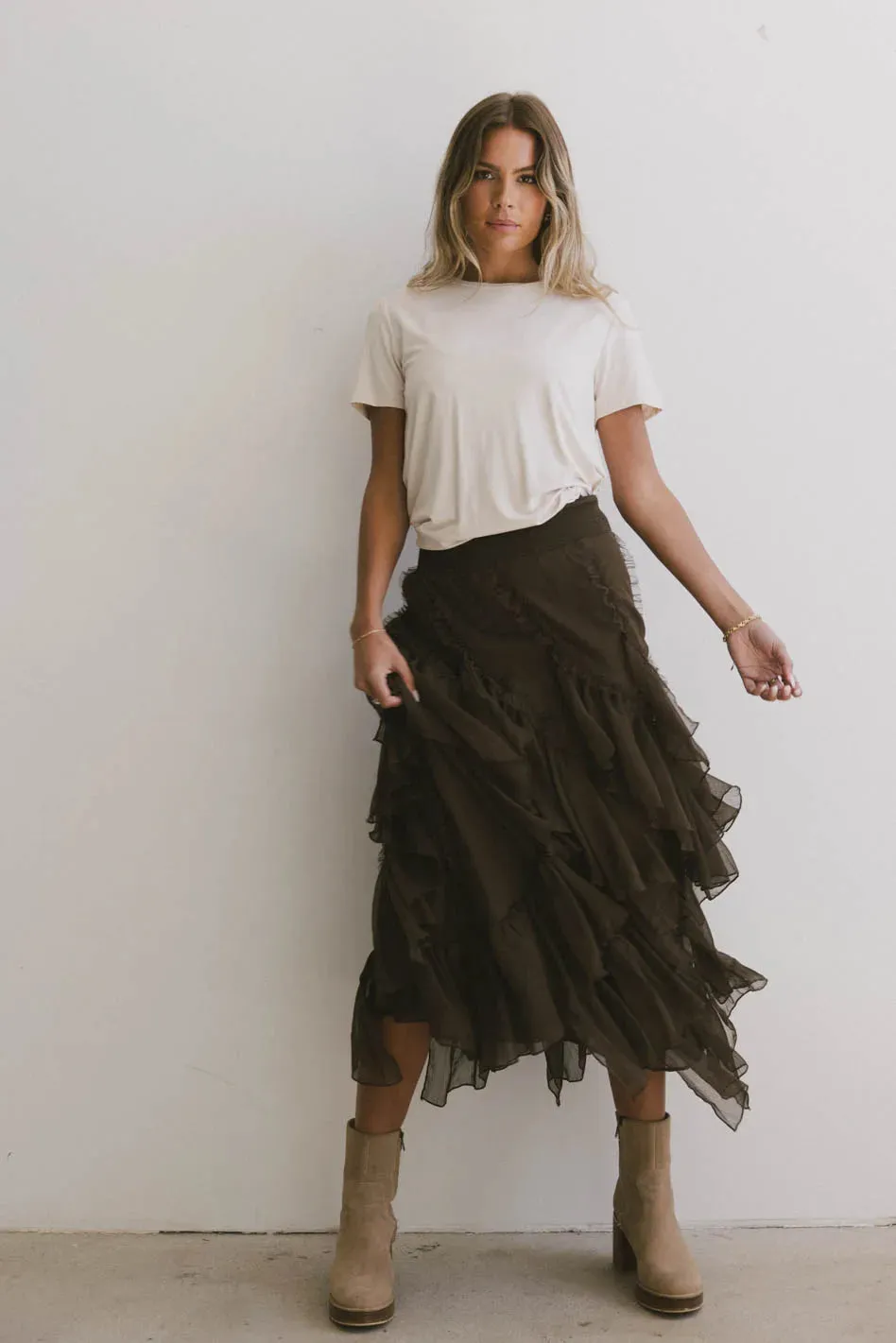 Emerson Ruffled Maxi Skirt in Brown