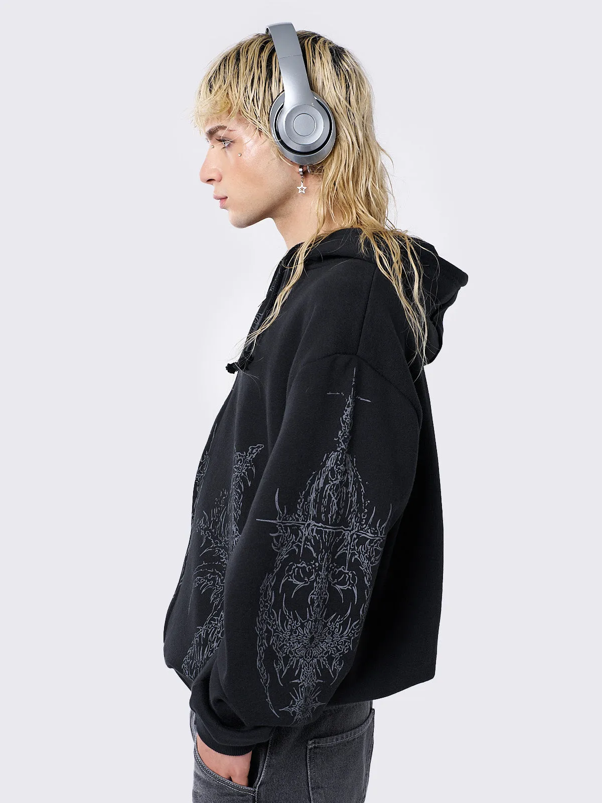 Enigmatic Black Oversized Zip Up Hoodie