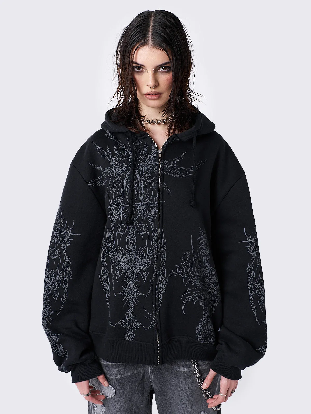 Enigmatic Black Oversized Zip Up Hoodie