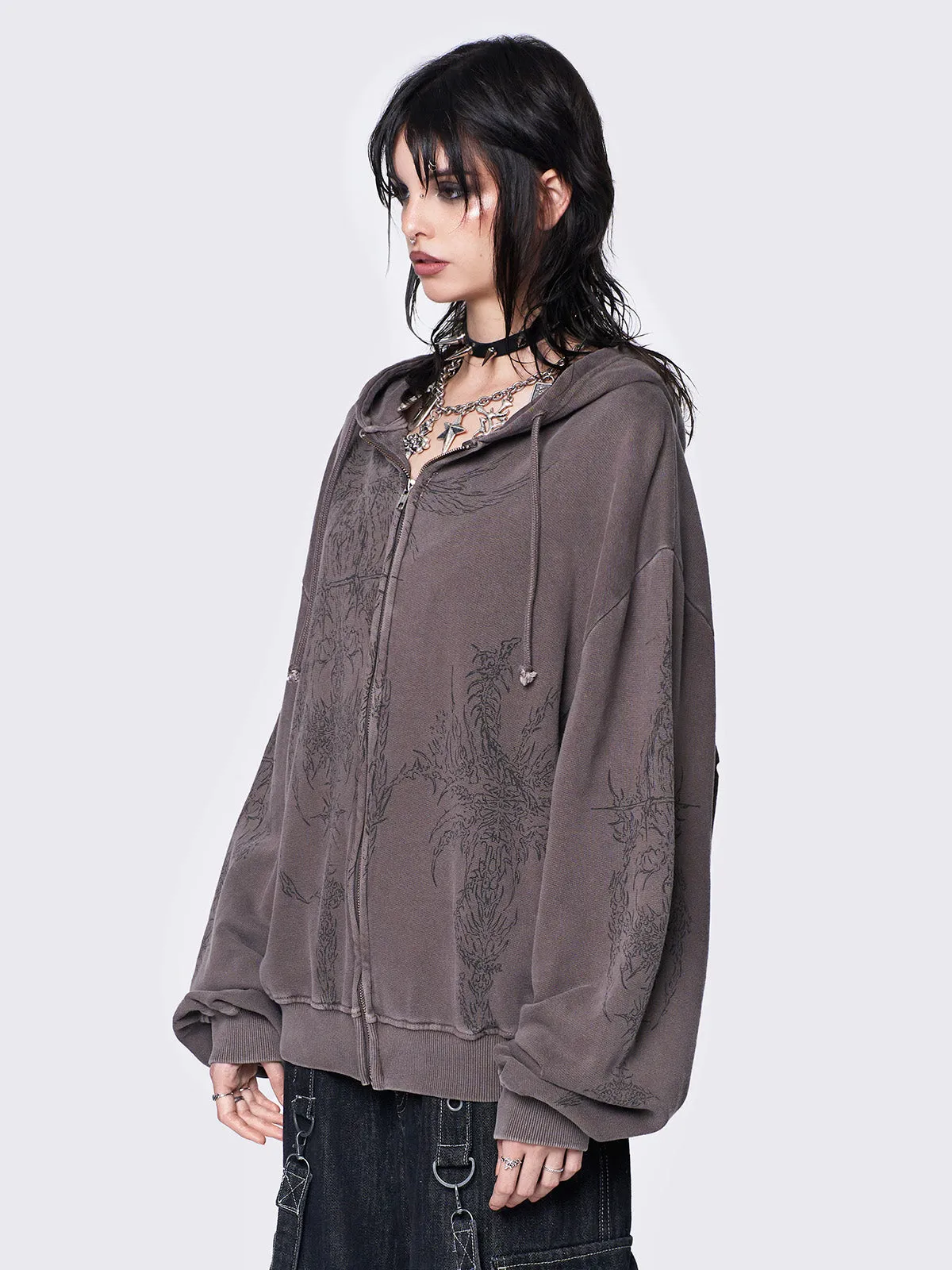 Enigmatic Brown Wash Oversized Zip Up Hoodie