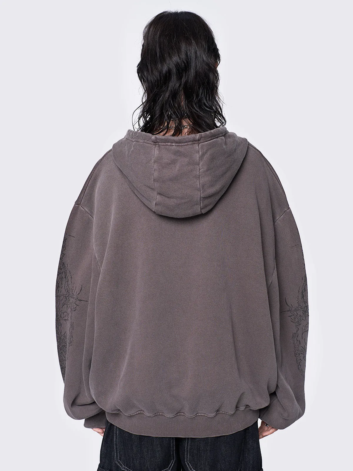 Enigmatic Brown Wash Oversized Zip Up Hoodie