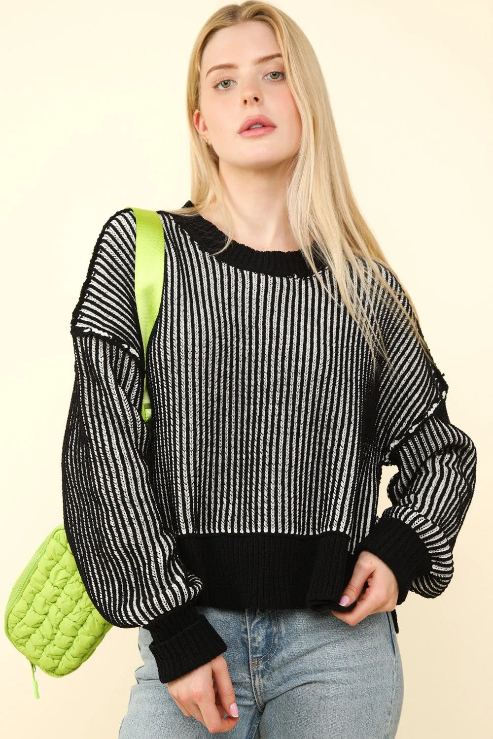 Exposed Seam Cropped Striped Slit Sweater