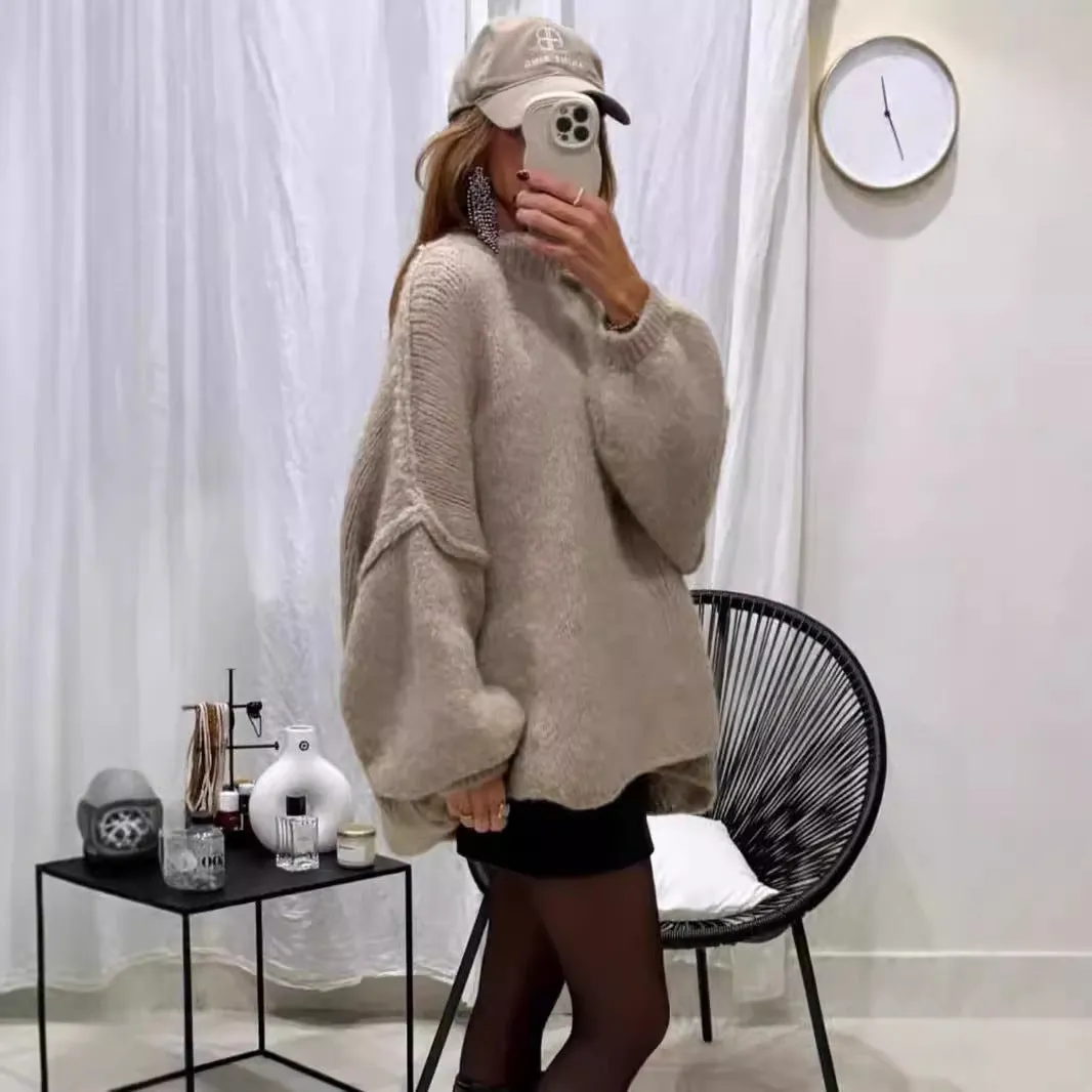 Fashionkova clothes Autumn and Winter New Loose Half Turtleneck Commuter Style Fake Reverse Wear Knitted Pullover Solid Color Sweater for Women