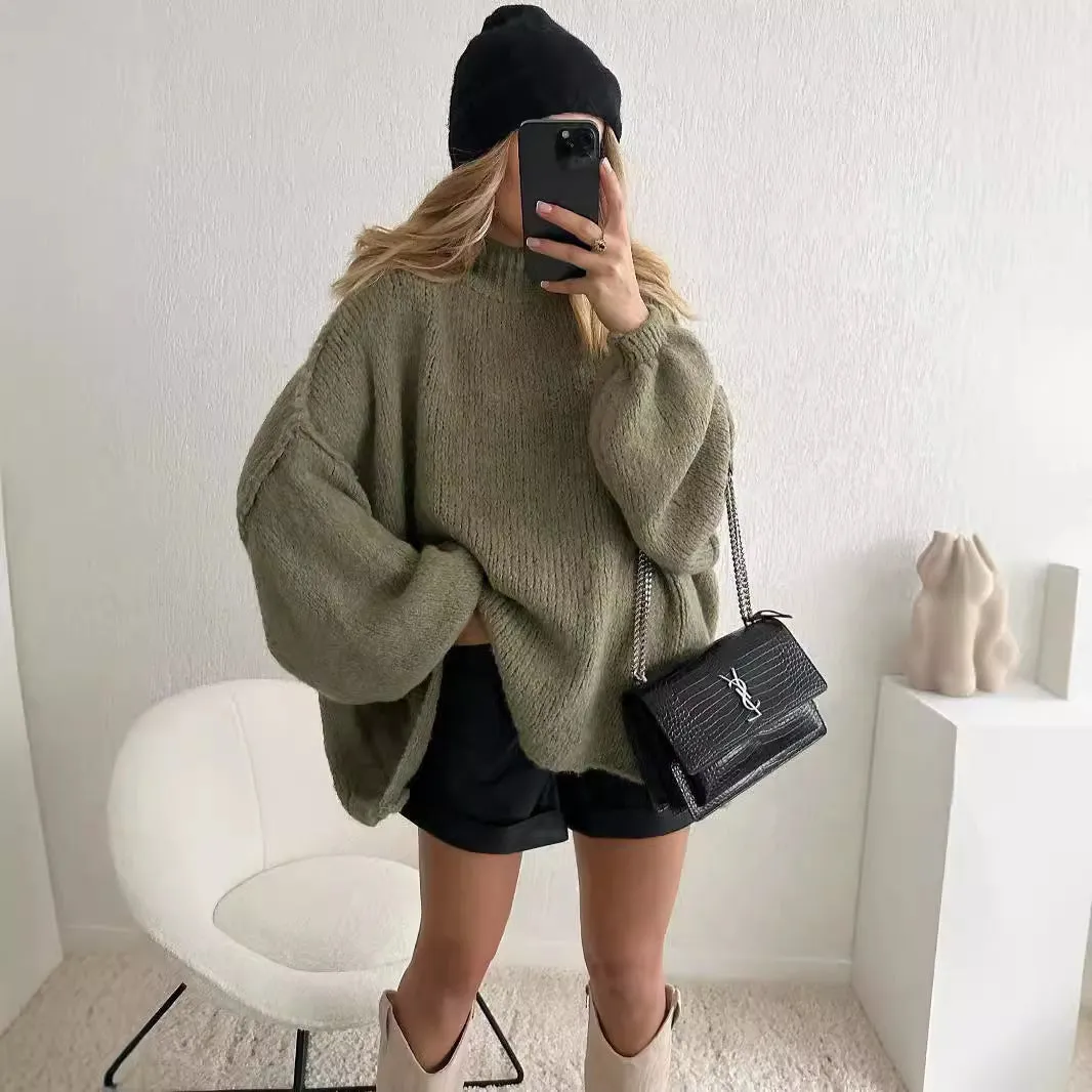 Fashionkova clothes Autumn and Winter New Loose Half Turtleneck Commuter Style Fake Reverse Wear Knitted Pullover Solid Color Sweater for Women